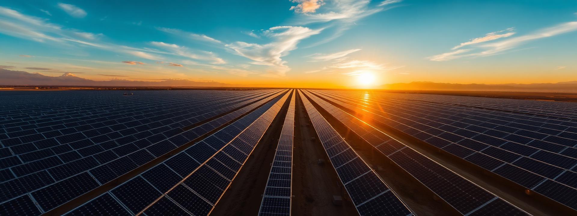 Utility-scale solar array at golden hour